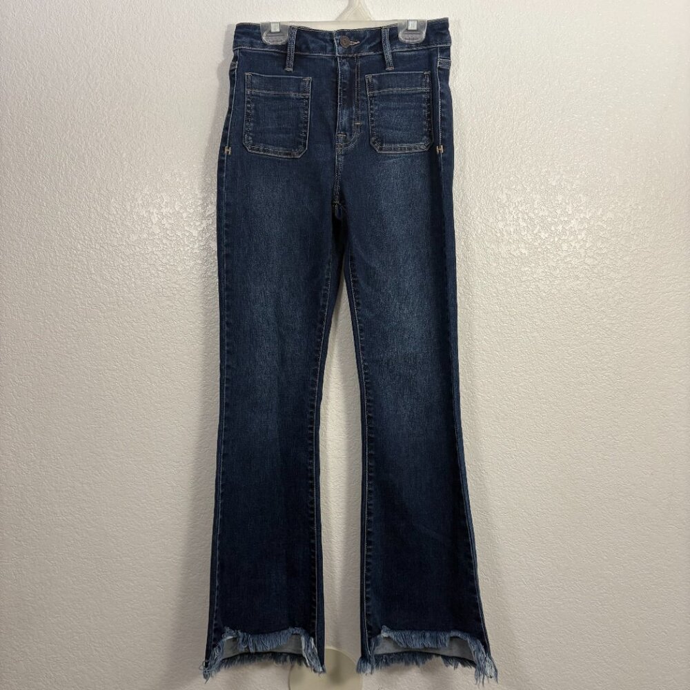 Hidden Patch Pockets Ankle Raw Hem Flare Jeans Dark Wash Chewed Hem